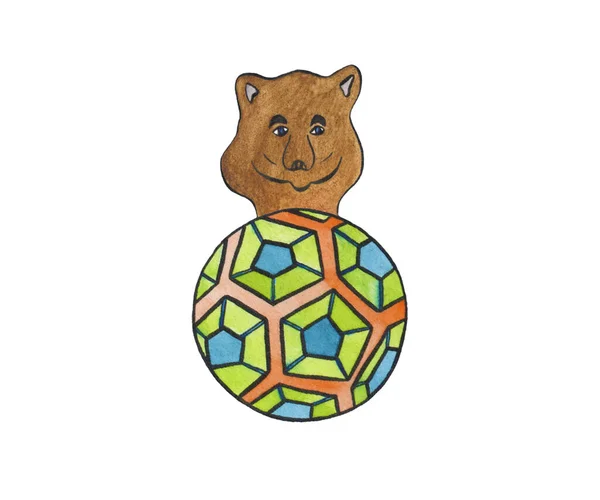 水彩斑斓的棕色微笑熊和橙色足球 — 图库照片