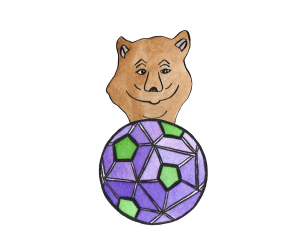 Aquarell brauner lächelnder Bär und violetter Fußballball — Stockfoto