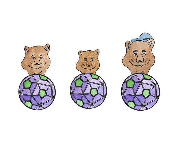Υδατογραφία σύνολο από καφέ μικρές αρκούδες και βιολετί μπάλες ποδοσφαίρου — Φωτογραφία Αρχείου