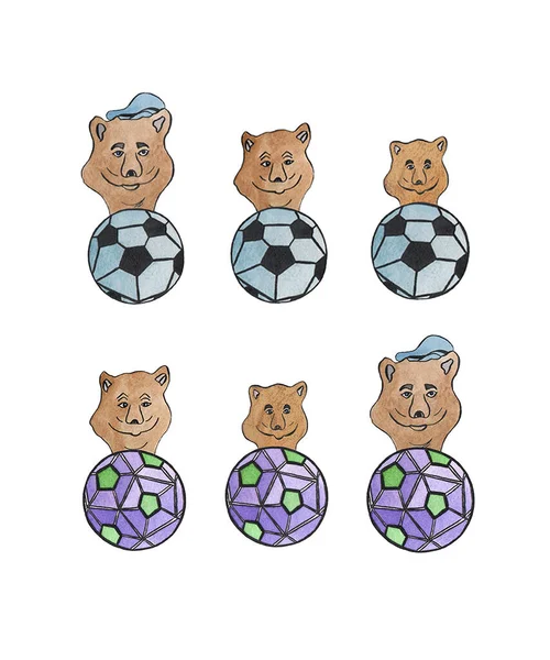 Kahverengi küçük ayılar ve renkli futbol topları. — Stok fotoğraf