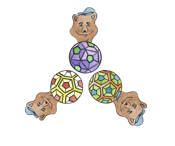 Kahverengi küçük ayılar ve renkli futbol topları. — Stok fotoğraf