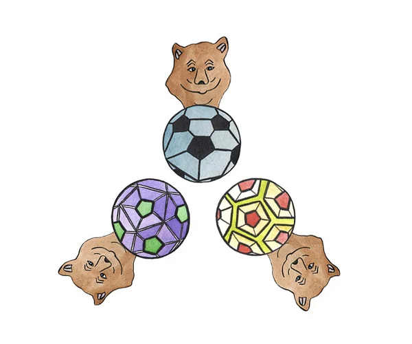 Akvarell készlet barna kis medvék és színes focilabdák — Stock Fotó
