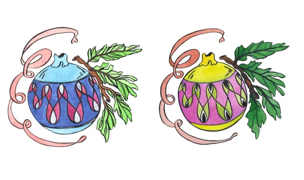 Deux illustrations aquarelle de boules colorées de jouets de Noël — Photo