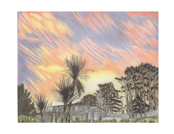 Kreslení obrazu letní západ slunce s domy a stromy — Stock fotografie