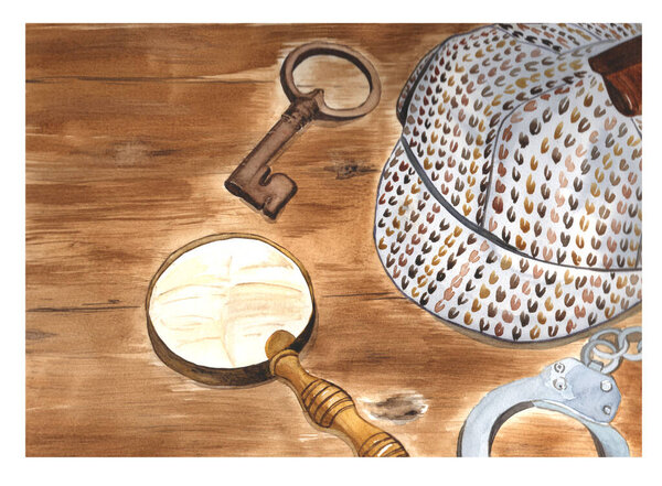Watercolor illustation brown detective kit set with hat, magnifier and key