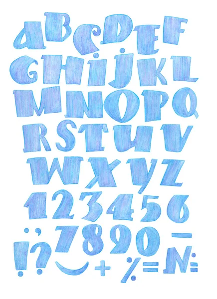 Aquarela Alfabeto Clipart Alfabeto Azul Letras Números Pontuação Clipart — Fotografia de Stock