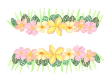 Suluboya tesisat çiçekleri ve koyu yapraklı tropik yatay sınır