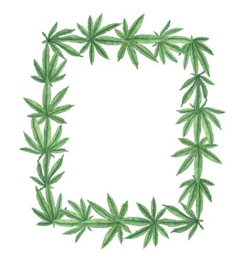 Beyaz arka planda büyük yeşil kenevir yapraklı suluboya dekoratif çerçeve