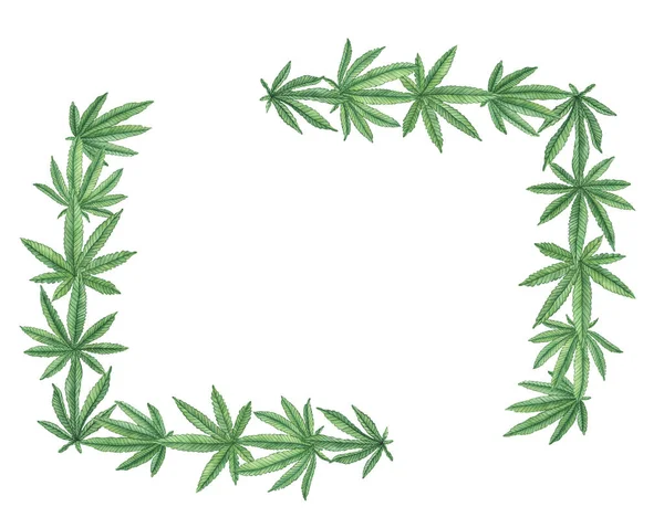Moldura Decorativa Aquarela Com Grandes Folhas Cânhamo Cannabis Verde Fundo — Fotografia de Stock