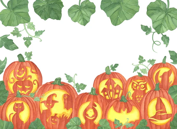 Akvarel Halloween Ilustrace Dýně Tváře Zelené Listy Bílém Pozadí — Stock fotografie