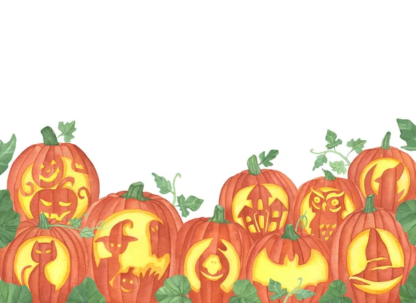 Akvarel Halloween Ilustrace Dýně Tváře Zelené Listy Bílém Pozadí — Stock fotografie