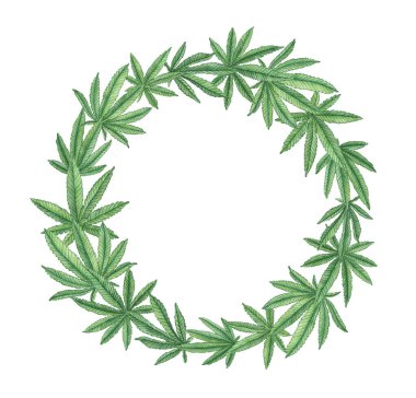 Suluboya kenevir çelengi, beyaz arka planda yeşil yapraklı yuvarlak çerçeve