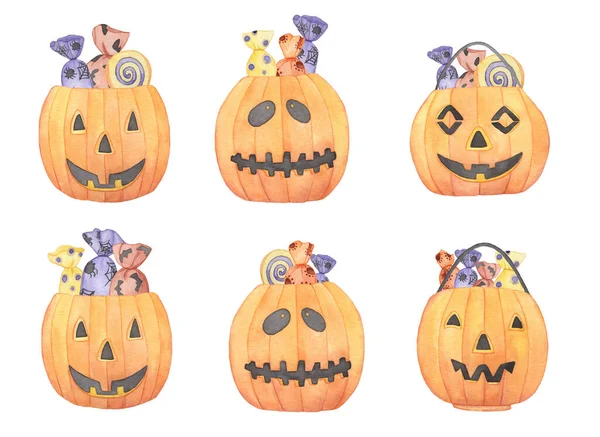 Akvarel Halloween Ilustrace Dýně Tváře Bonbóny Jack Lanterns Bílém Pozadí — Stock fotografie