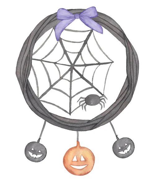 Akvarel Halloween Věnec s dýněmi, pavučinou, fialovým lukem a větvemi — Stock fotografie