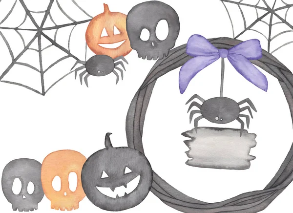 Acquerello Halloween Telaio con zucche, ragnatela, fiocco viola, teschi e rami — Foto Stock