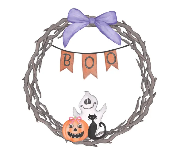 Akvarel Halloween věnec s dýní, černá kočka, šťastný duch, BOO znamení, šedá mašle a větve — Stock fotografie
