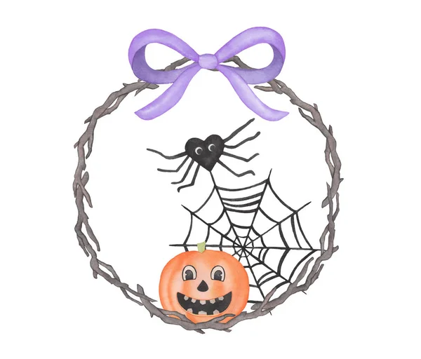 Akvarel Halloween věnec s dýní, černým pavoukem, pavučinou, fialovým lukem a větvemi — Stock fotografie