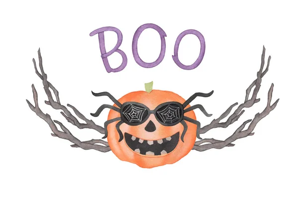Akvarel Halloween Věnec Dýní Černých Brýlích Fialové Boo Znamení Větve — Stock fotografie