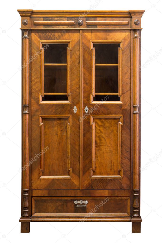 Antique wood and glass book case cabinet isolated on white