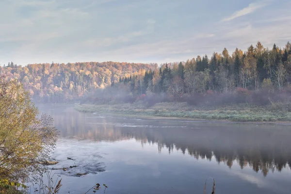 Hösten landskap mystiska Dimmig morgon i ett fält nära floden — Stockfoto