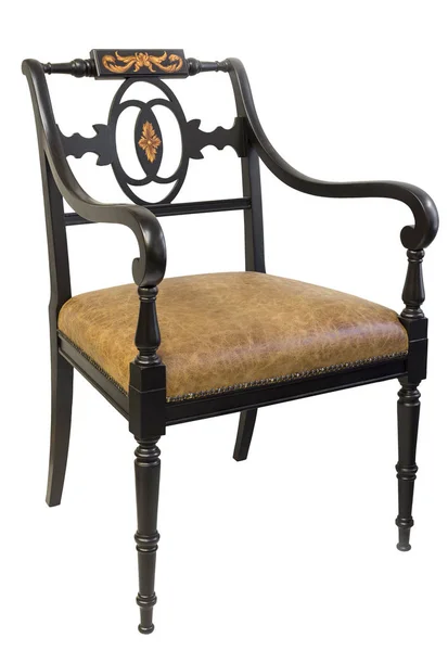Cadeira Antiga Carvalho Vintage Com Couro Marrom Fundo Branco — Fotografia de Stock