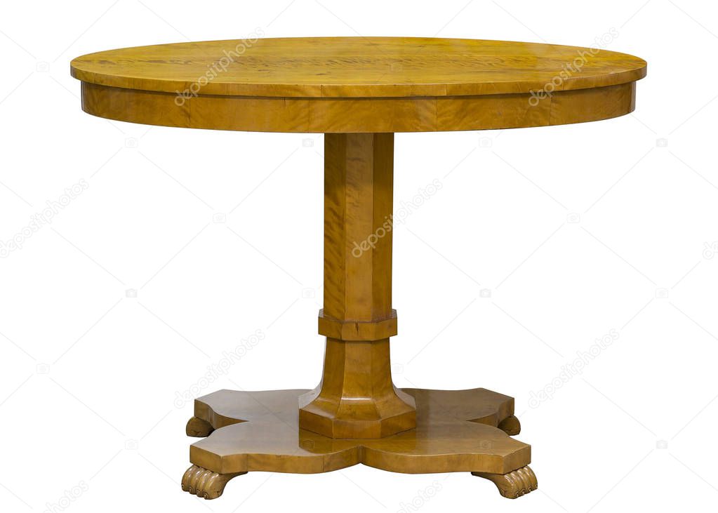 Vintage oval bidermeier style small birch wood table isolated on white