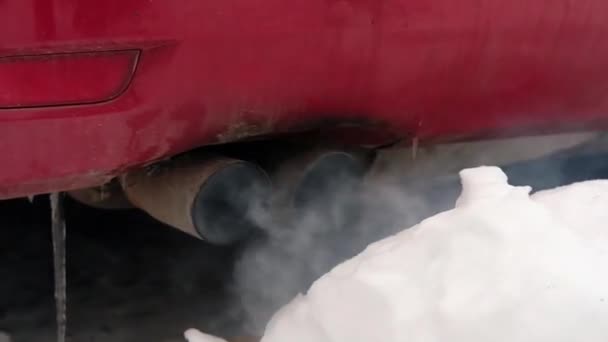 Выхлопные Газы Автомобиля Белый Густой Дым Дымохода Зимой Против Белого — стоковое видео