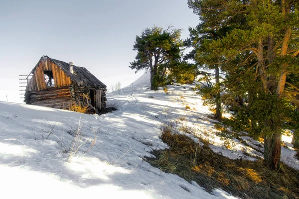 Einsame Alte Holzhütte Hoch Den Bergen Umgeben Von Schnee Winternachmittag — Stockfoto