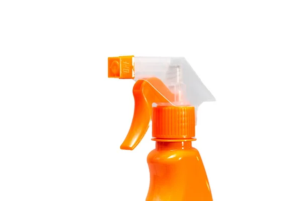 Orangefarbene Sprühflasche Nahaufnahme Isolieren Auf Weißem Hintergrund — Stockfoto