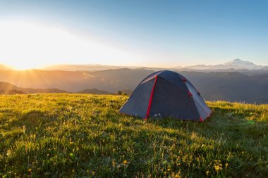 turist çadırı dağların bir arka plan üzerinde sabah yeşil çim üzerinde duruyor