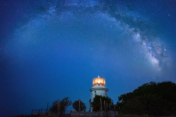 White sea lighthouse in Feodosia, Crimea on the Black Sea with light under the night sky with Milky Way