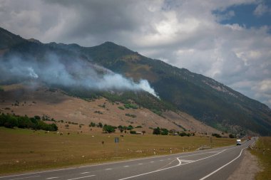 Orman yangınları, yol boyunca dağlardaki kozalaklı ormandan gelen duman.
