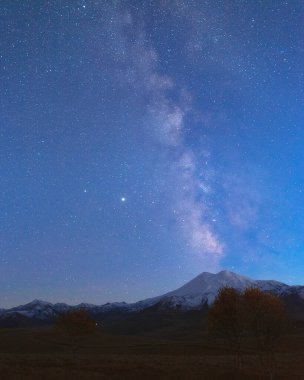 Milky Way in the blue evening sky over the snow-white summit of Mount Elbrus clipart