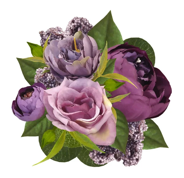 Bouquet of red and pink roses and lilac with green leaves in watercolor style on isolated white background. Close-up. For design. Nature.