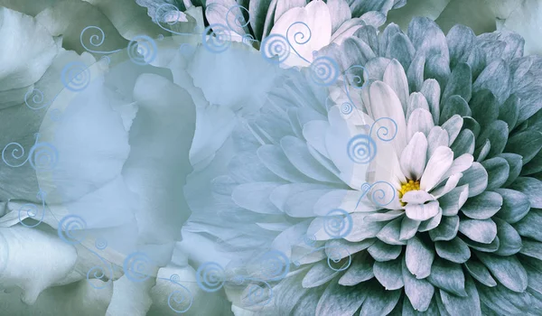Floral turquoise background. Flower chrysanthemum and petals of a turquoise roses. Place for text. Close-up. Nature