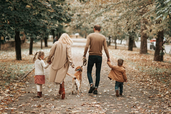 back view of family in autumn park, Mother father son daughter and dog Labrador, fall season