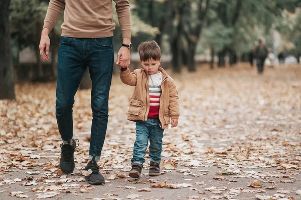 Baba ve oğlu sonbahar parkında, sonbahar sezonu