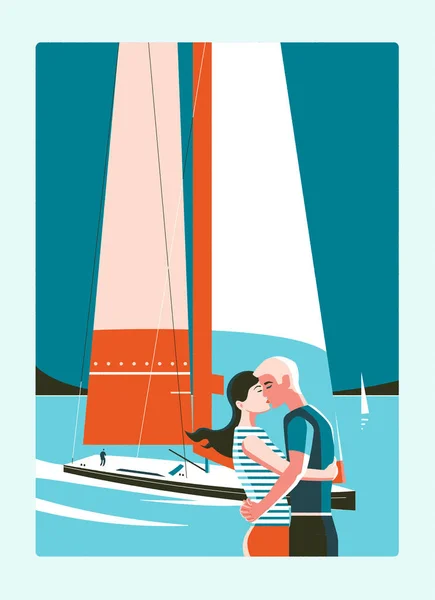 Couple kissing against sea and sailing yacht — Stock Vector