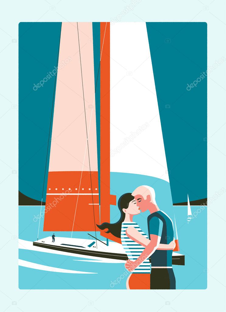 Couple kissing against sea and sailing yacht
