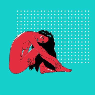 Uzun saçlı dinlenme poz oturan çıplak kadın