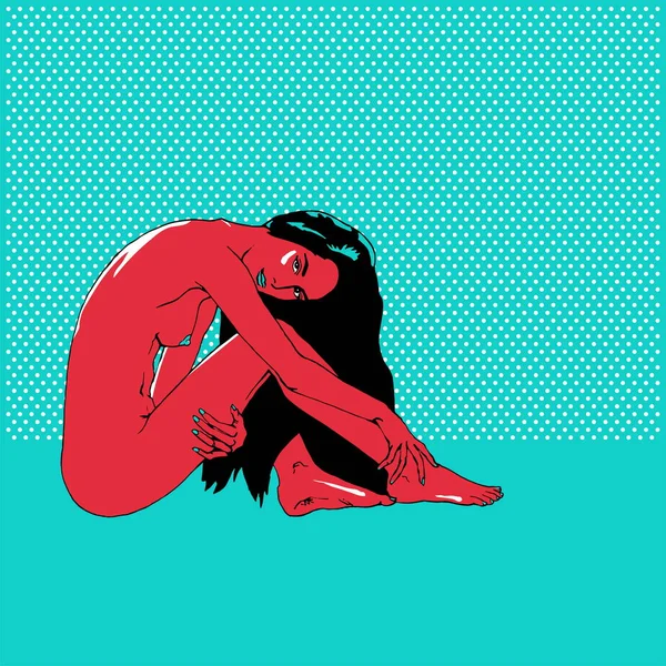 Femme nue avec les cheveux longs assis dans la pose de repos — Image vectorielle