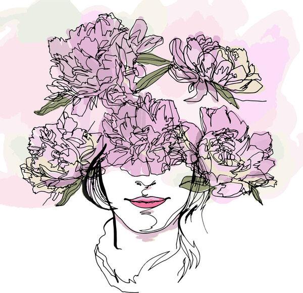 The head of girl with flowers wreath, warm colors