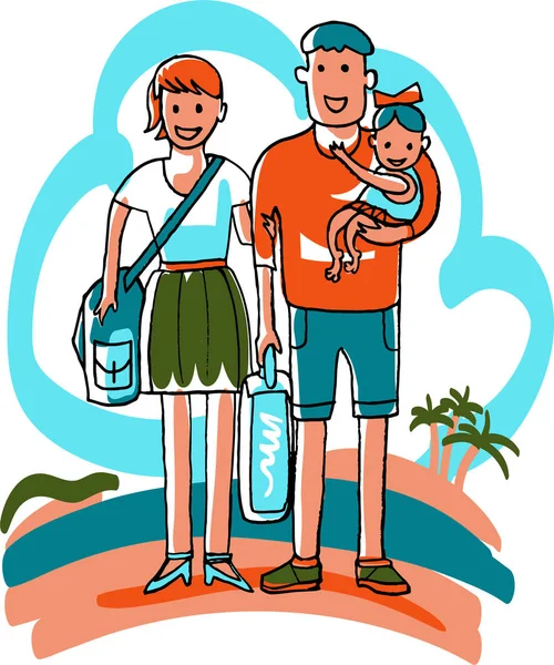 Familienreisen, Vater, Mutter und Tochter Touristen — Stockvektor