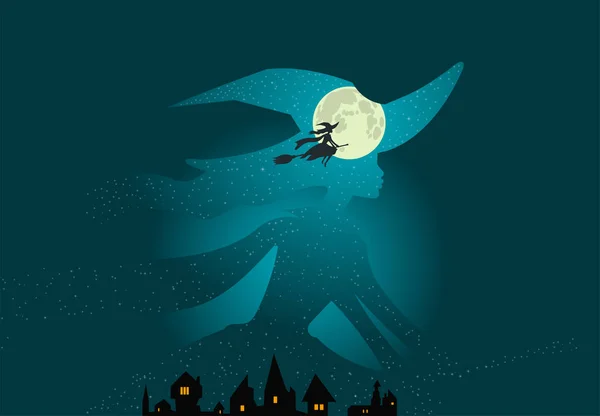Halloween: moscas brujas en palo de escoba, luna llena — Vector de stock