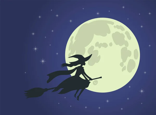 Halloween: moscas brujas en palo de escoba, luna llena — Vector de stock