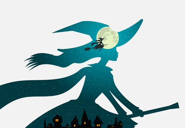 Halloween : la sorcière vole sur son manche à balai, pleine lune — Image vectorielle