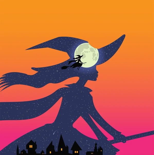 Halloween: witch flies on broomstick, full moon — Stock Vector