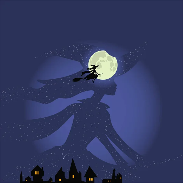 Halloween: czarownica leci na miotle, pełni księżyca — Wektor stockowy