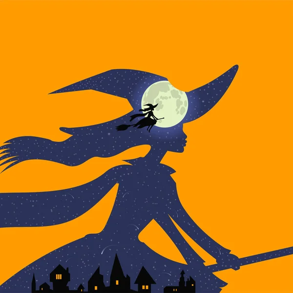 Halloween: moscas brujas en palo de escoba, luna llena — Vector de stock