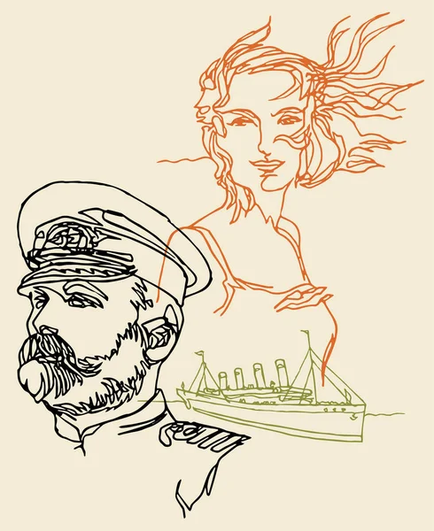 Capitán y su amada mujer, barco, Iceberg — Vector de stock